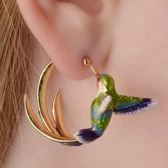 Vintage kruhové náušnice s kolibríkom v smalte